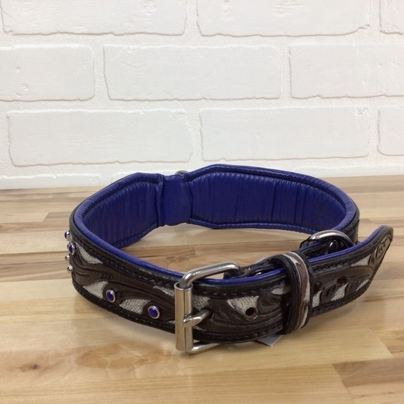 Madcow genuine leather contemporary dog collar handcraf black cerule blue silver - Picture 2 of 16